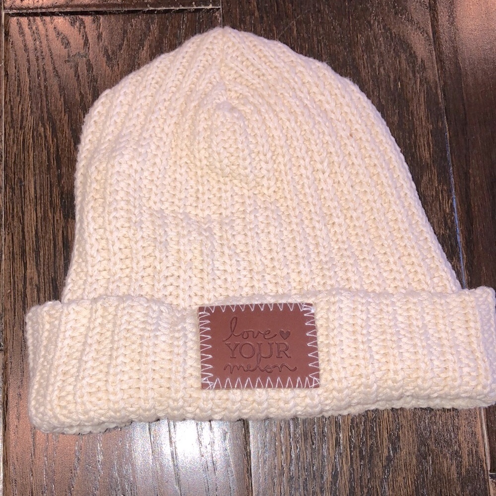 Love your melon white speckled cuff beanie hat new with tags
